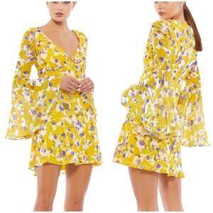 Mac Duggal NWT Floral Bell Sleeve Mini Dress Chiffon Yellow Purple Size 0 V-Neck